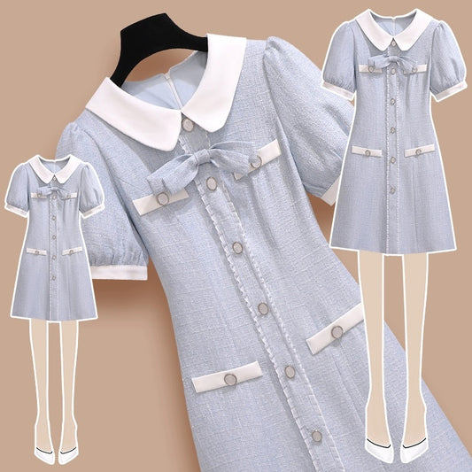Blue fragrant dress for women summer 2024 new style high-end temperament slim slim tall a-line skirt