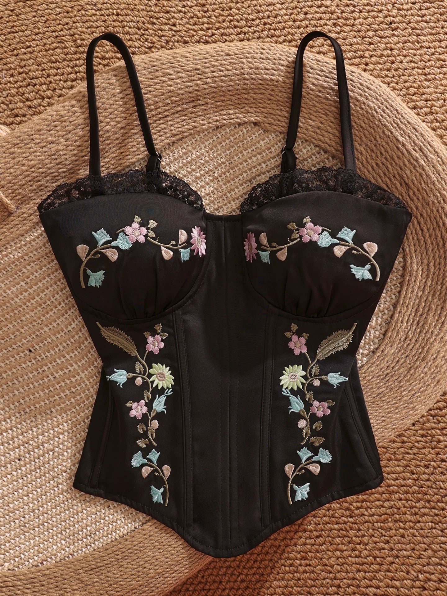 French sweet and spicy style heavy embroidered floral camisole, black slim fit top, sexy and sweet to wear alone.