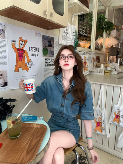 Eight-cover pinky piggy New York Journal American retro short-sleeved denim suit summer slimming high-waisted culottes