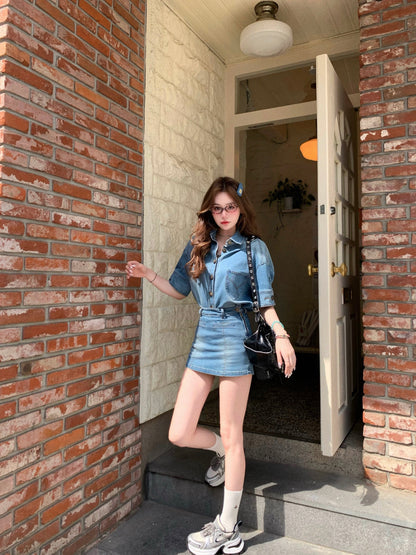 Eight-cover pinky piggy New York Journal American retro short-sleeved denim suit summer slimming high-waisted culottes