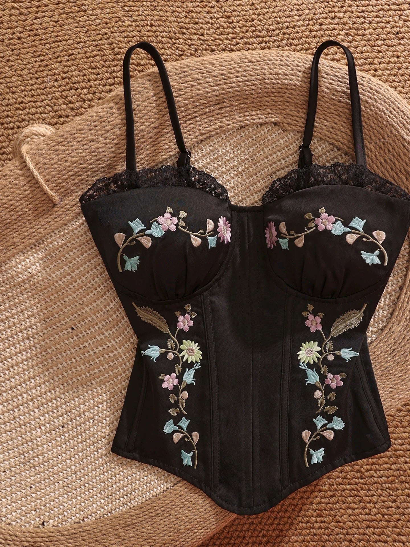 French sweet and spicy style heavy embroidered floral camisole, black slim fit top, sexy and sweet to wear alone.