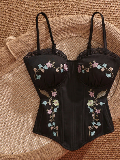 French sweet and spicy style heavy embroidered floral camisole, black slim fit top, sexy and sweet to wear alone.