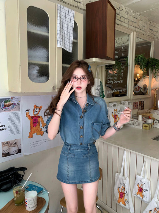 Eight-cover pinky piggy New York Journal American retro short-sleeved denim suit summer slimming high-waisted culottes