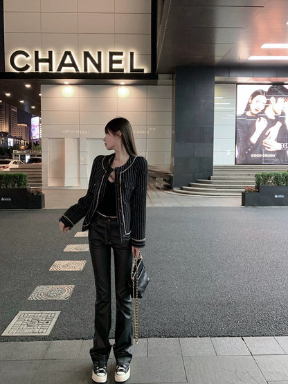 CHICYOU [Chopstick Legs] Slim black micro-flare topstitched casual and comfortable leather pants, versatile slim trousers