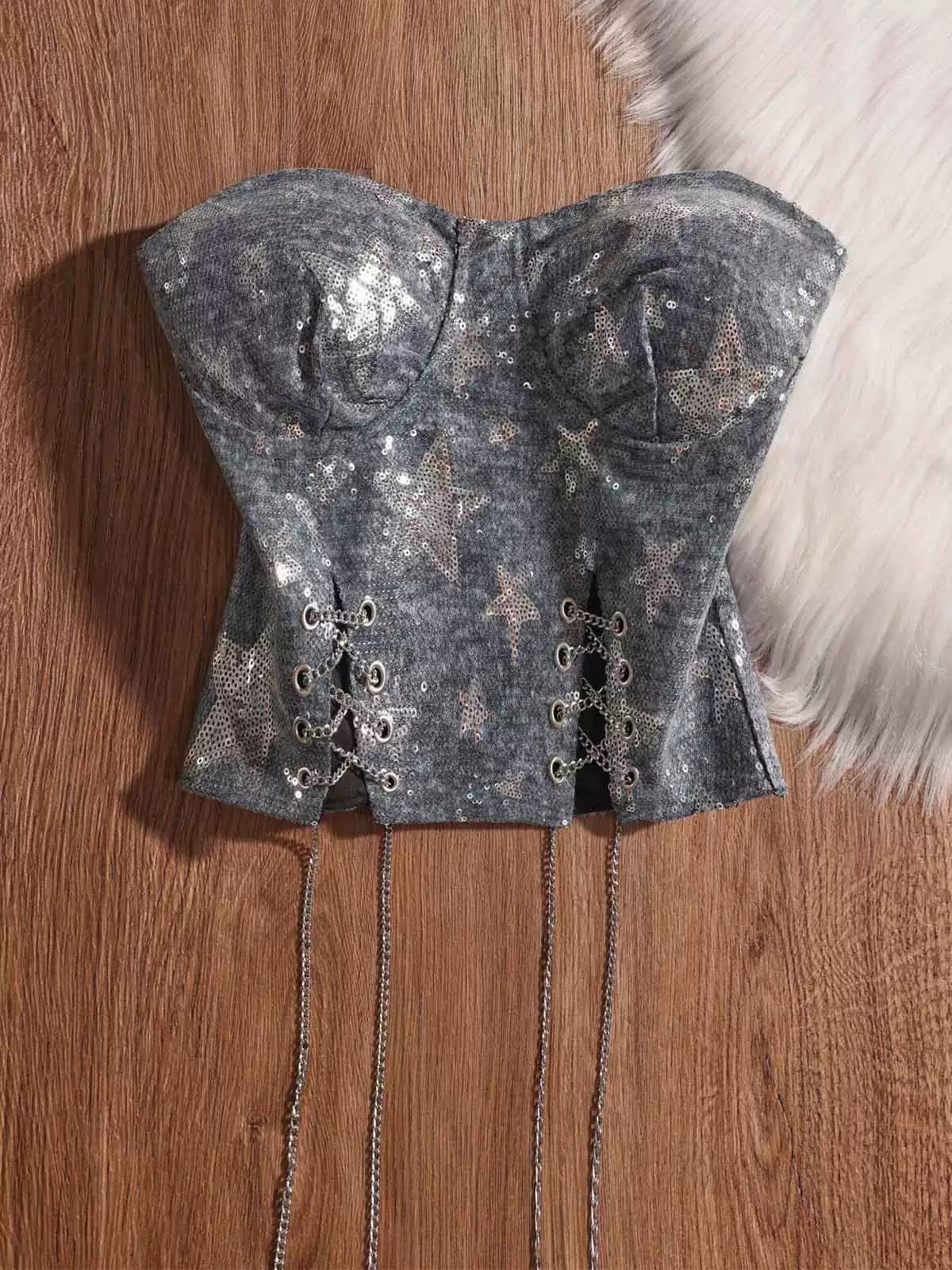 Sweet and cool sexy girl chain cross design strapless vest women's slim fit pure and sexy off-shoulder fine sequin design small top