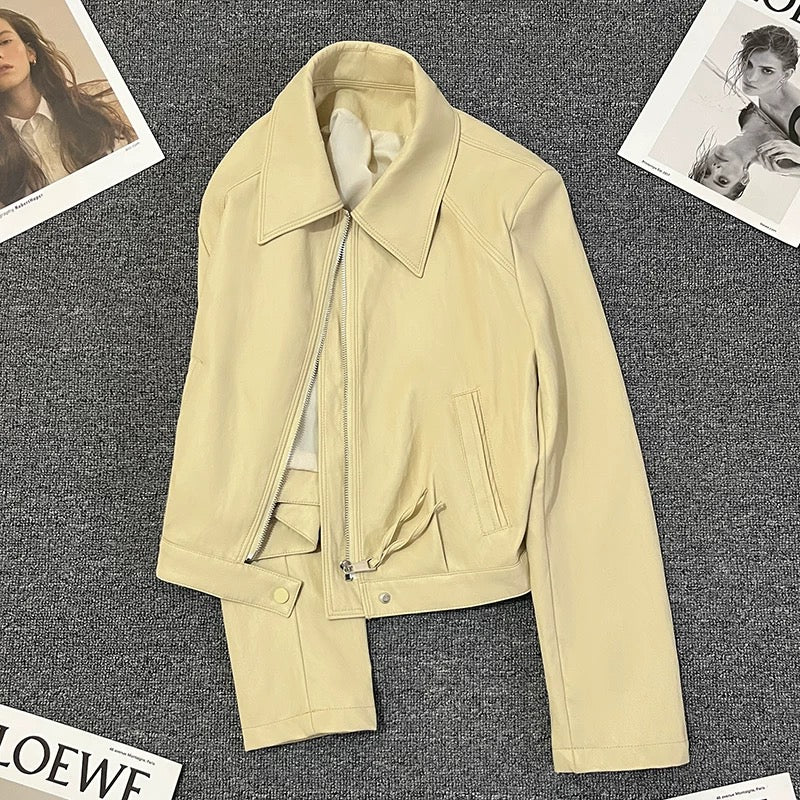 Yellow short super hot leather jacket for women 2025 spring new style high-end small cool style temperament top