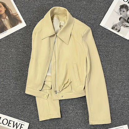 Yellow short super hot leather jacket for women 2025 spring new style high-end small cool style temperament top