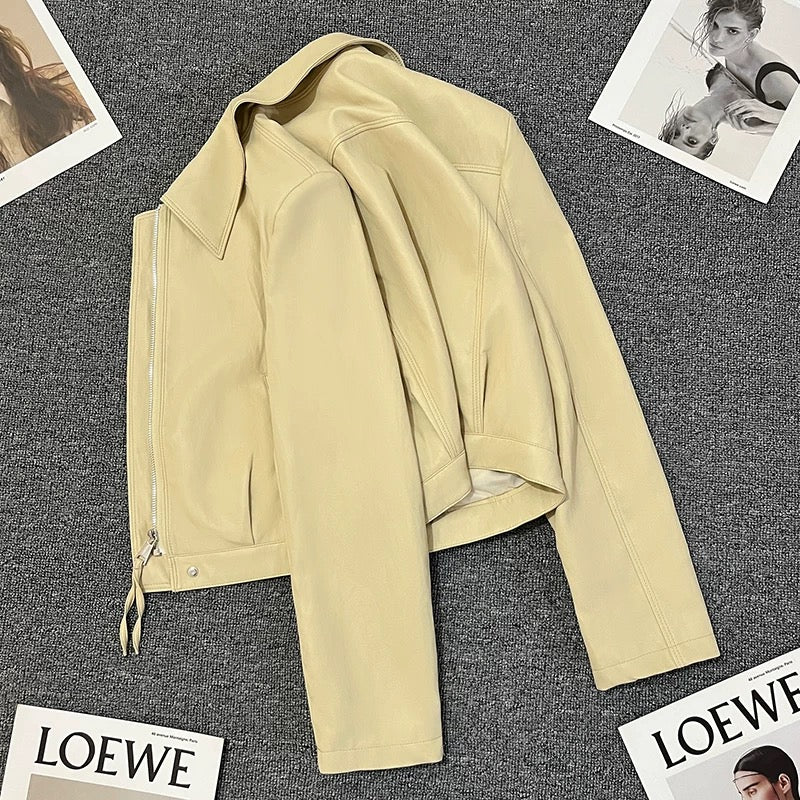 Yellow short super hot leather jacket for women 2025 spring new style high-end small cool style temperament top