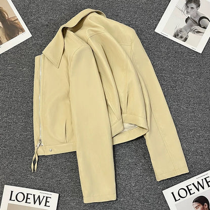 Yellow short super hot leather jacket for women 2025 spring new style high-end small cool style temperament top