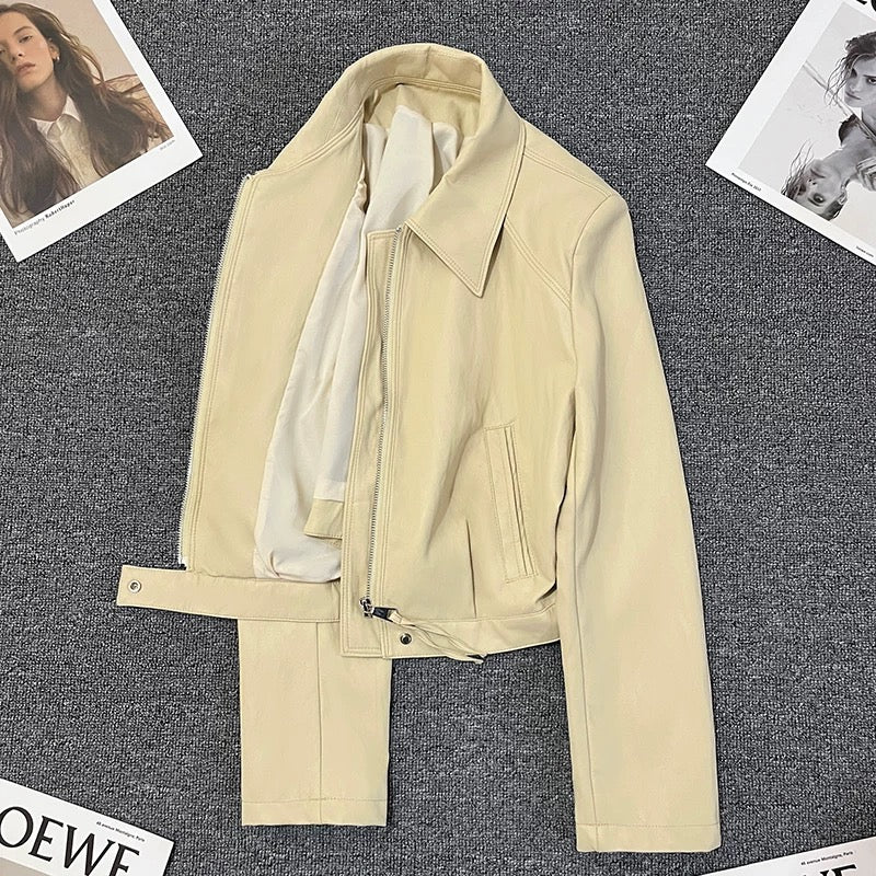 Yellow short super hot leather jacket for women 2025 spring new style high-end small cool style temperament top