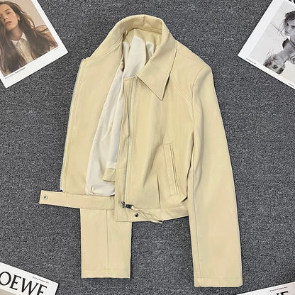 Yellow short super hot leather jacket for women 2025 spring new style high-end small cool style temperament top