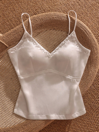 French-style sexy satin camisole tank top, women's inner and outer wear, short style with bra padding, slimming and versatile strapless top