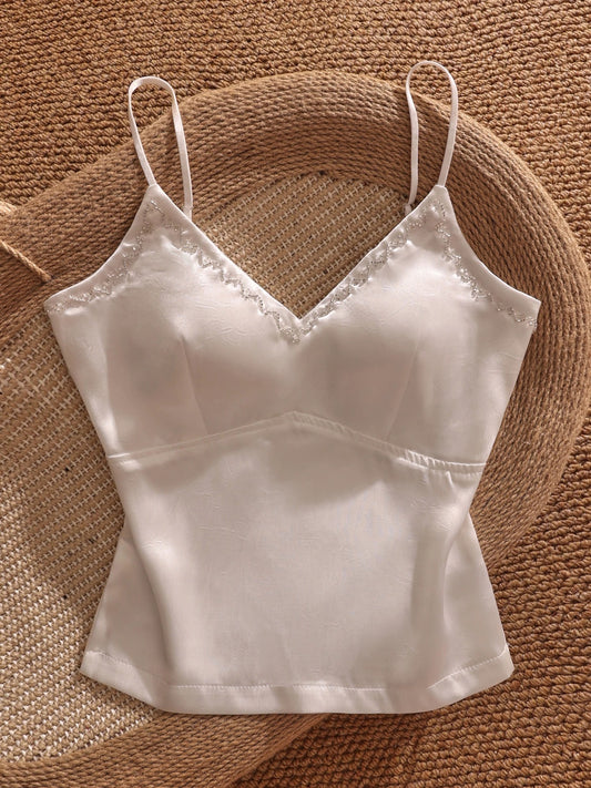 French-style sexy satin camisole tank top, women's inner and outer wear, short style with bra padding, slimming and versatile strapless top