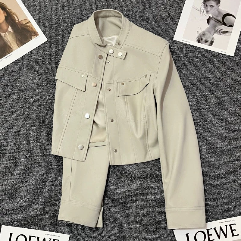 Beige short early autumn leather jacket for women in small size 2024 new high-end American style casual jacket