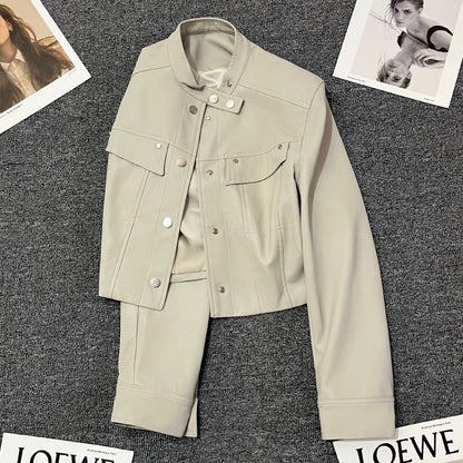 Beige short early autumn leather jacket for women in small size 2024 new high-end American style casual jacket