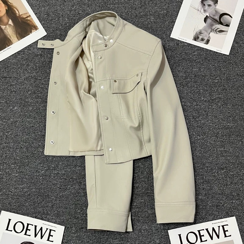 Beige short early autumn leather jacket for women in small size 2024 new high-end American style casual jacket
