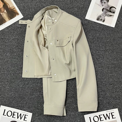 Beige short early autumn leather jacket for women in small size 2024 new high-end American style casual jacket