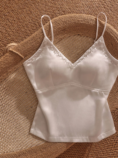French-style sexy satin camisole tank top, women's inner and outer wear, short style with bra padding, slimming and versatile strapless top