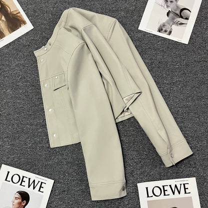 Beige short early autumn leather jacket for women in small size 2024 new high-end American style casual jacket