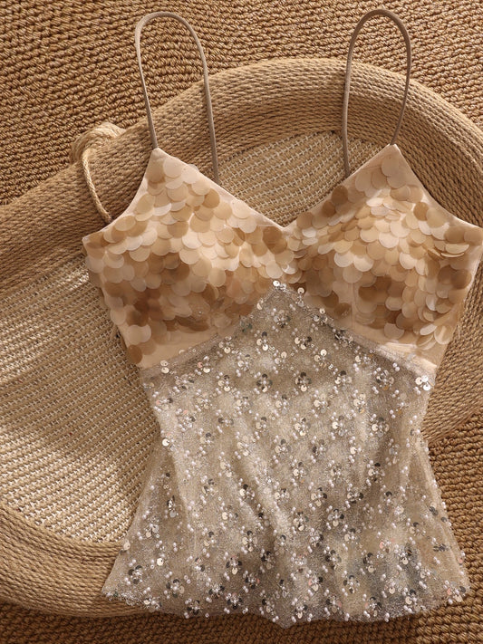 High-end design, heavily beaded sequined camisole for women, sexy and revealing mesh top.
