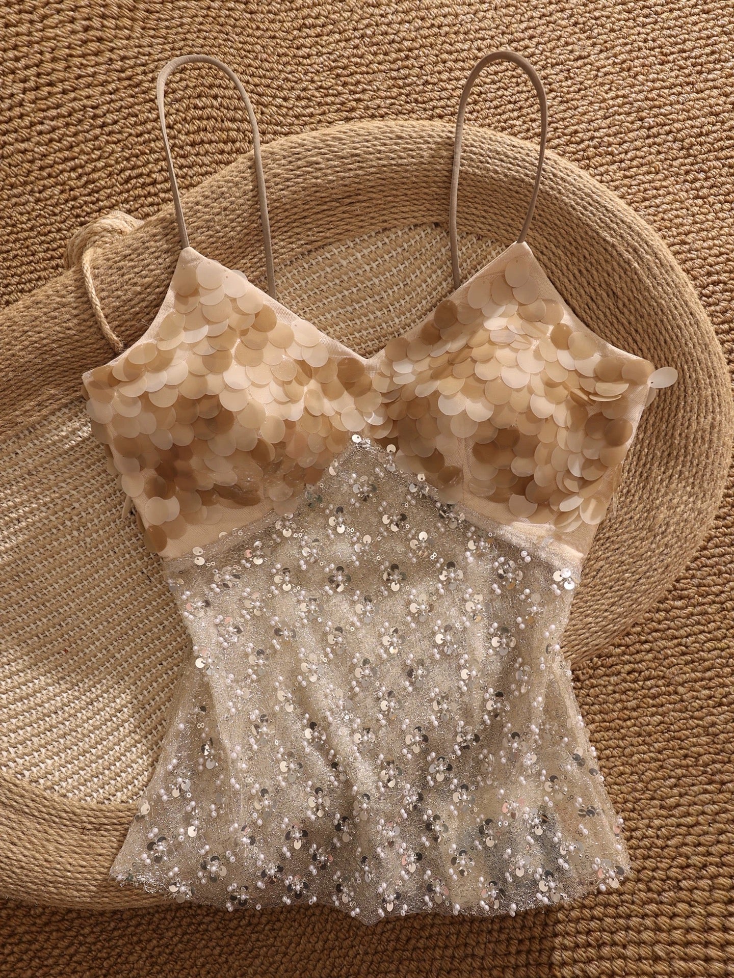 High-end design, heavily beaded sequined camisole for women, sexy and revealing mesh top.