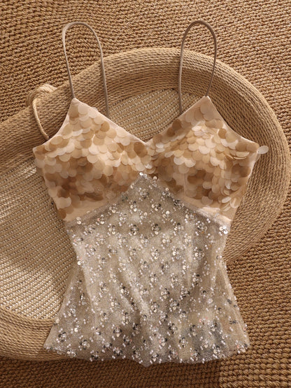 High-end design, heavily beaded sequined camisole for women, sexy and revealing mesh top.