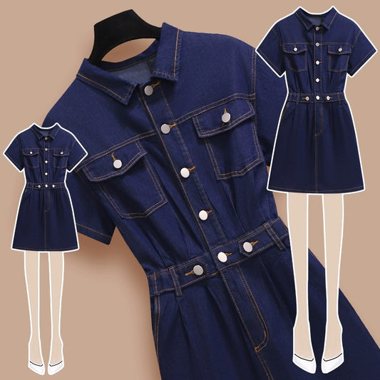 Denim dress for women summer 2024 new style temperament waist slimming small taller a-line jumpsuit