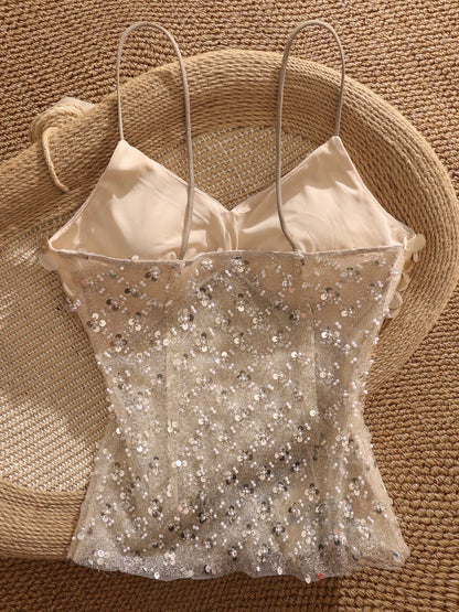 High-end design, heavily beaded sequined camisole for women, sexy and revealing mesh top.
