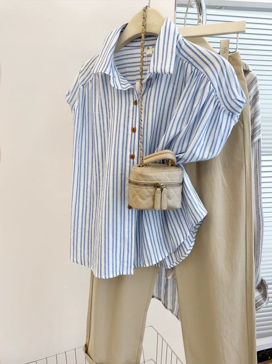 Blue striped polo collar small flying sleeve shirt short-sleeved women's summer French design niche right shoulder shirt top