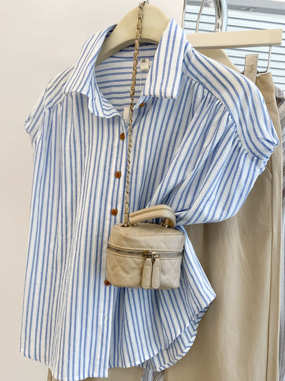 Blue striped polo collar small flying sleeve shirt short-sleeved women's summer French design niche right shoulder shirt top