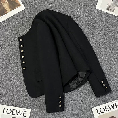 Black down lining small fragrance style short jacket for women 2024 winter new small size casual thickened celebrity top