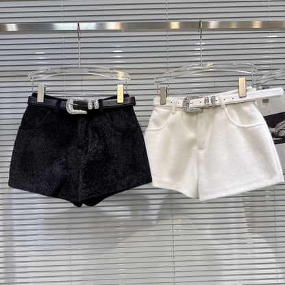 Popular online style, 2025 winter new arrival, exquisite and elegant rhinestone buckle belt, plush fabric, three-quarter length bootcut pants