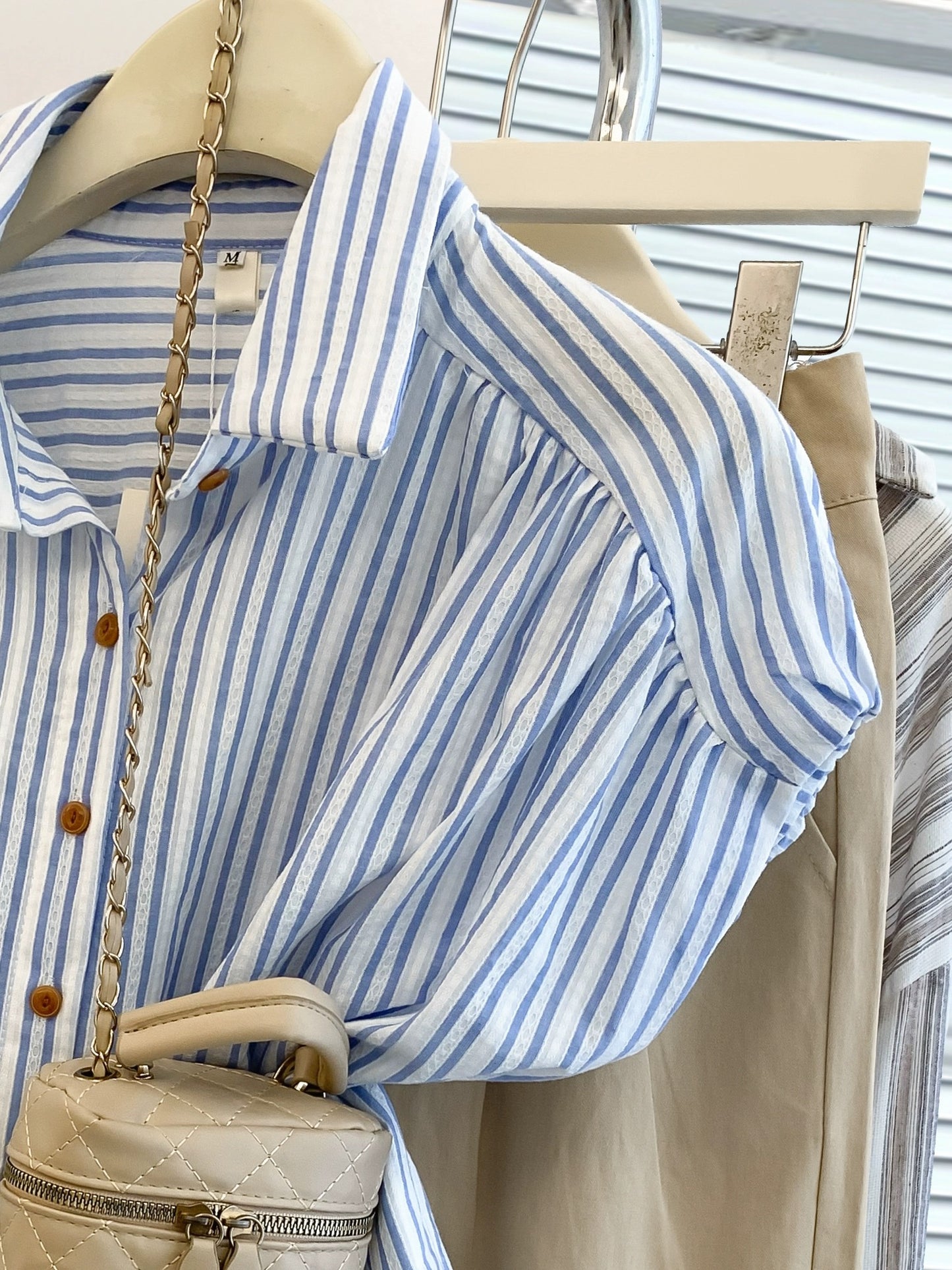 Blue striped polo collar small flying sleeve shirt short-sleeved women's summer French design niche right shoulder shirt top