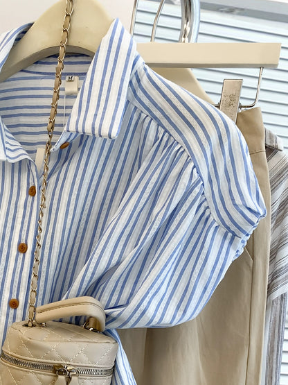 Blue striped polo collar small flying sleeve shirt short-sleeved women's summer French design niche right shoulder shirt top