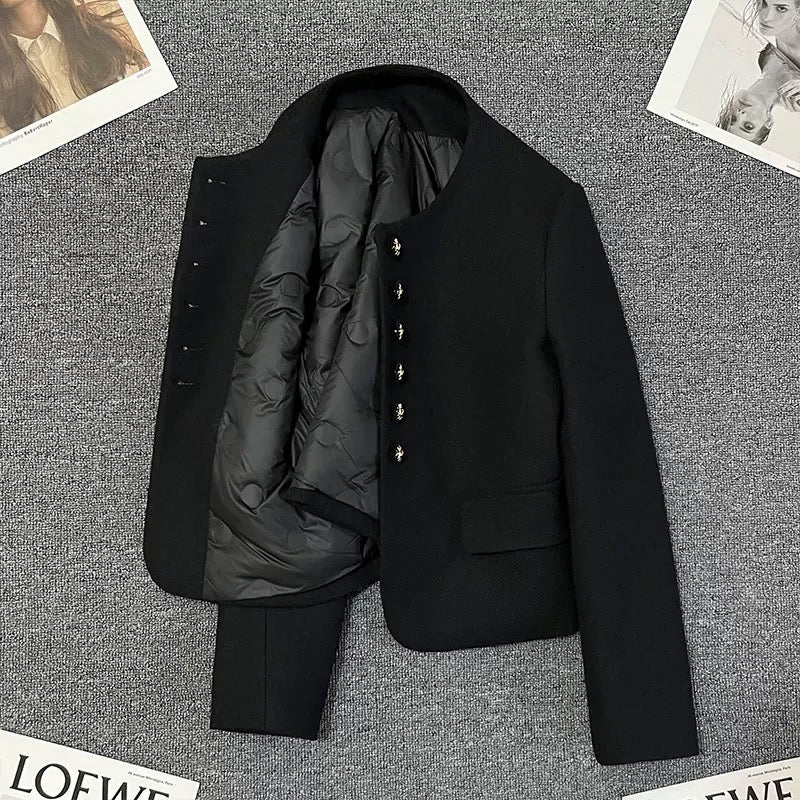 Black down lining small fragrance style short jacket for women 2024 winter new small size casual thickened celebrity top