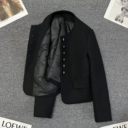 Black down lining small fragrance style short jacket for women 2024 winter new small size casual thickened celebrity top