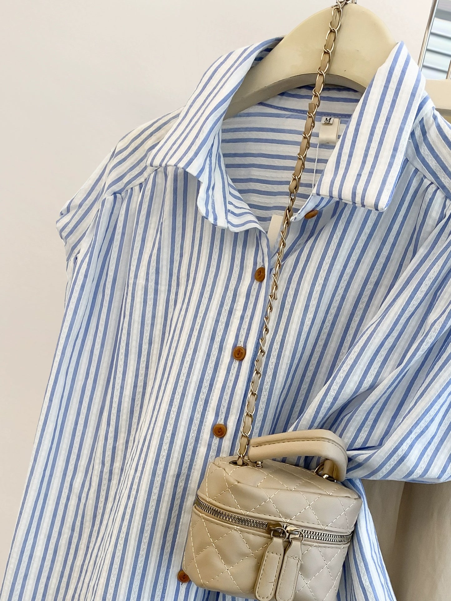 Blue striped polo collar small flying sleeve shirt short-sleeved women's summer French design niche right shoulder shirt top