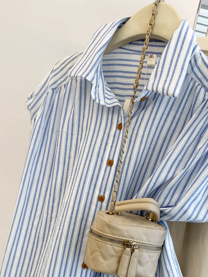 Blue striped polo collar small flying sleeve shirt short-sleeved women's summer French design niche right shoulder shirt top