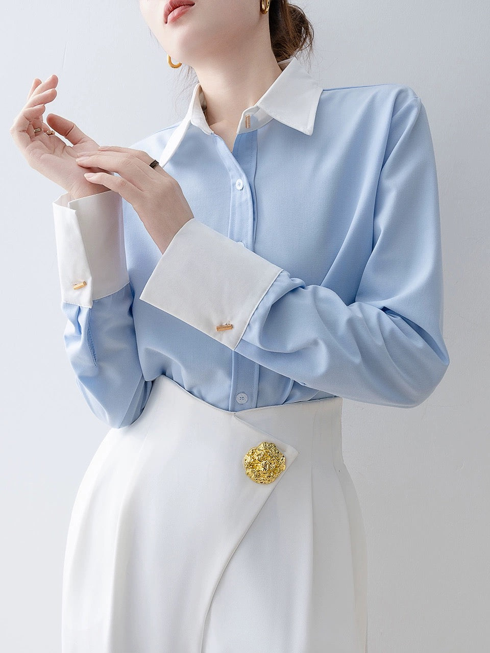 2024 spring women's polo collar satin shirt early spring new top French design niche long-sleeved shirt