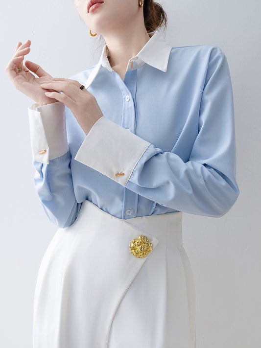 2024 spring women's polo collar satin shirt early spring new top French design niche long-sleeved shirt