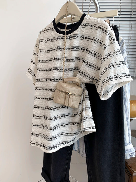 Contrast striped right shoulder short-sleeved T-shirt for women summer loose half-sleeved design European large version 2024 new top