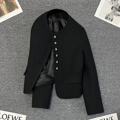 Black down lining small fragrance style short jacket for women 2024 winter new small size casual thickened celebrity top