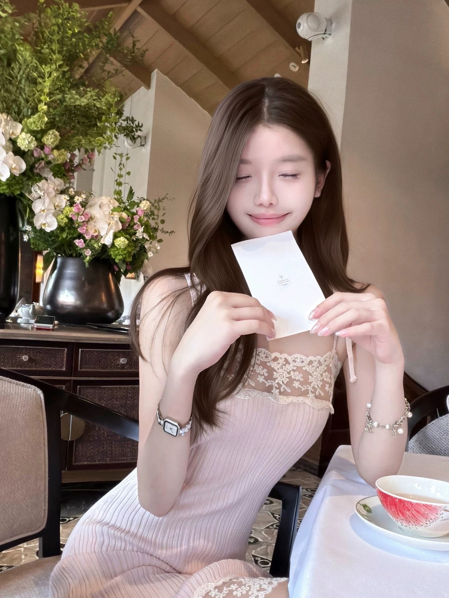 Ruoyu Custom: "Pink Cherry Blossom Midsummer" — French-style lace-trim camisole dress; a sophisticated, form-fitting style that balances innocent charm with alluring elegance.