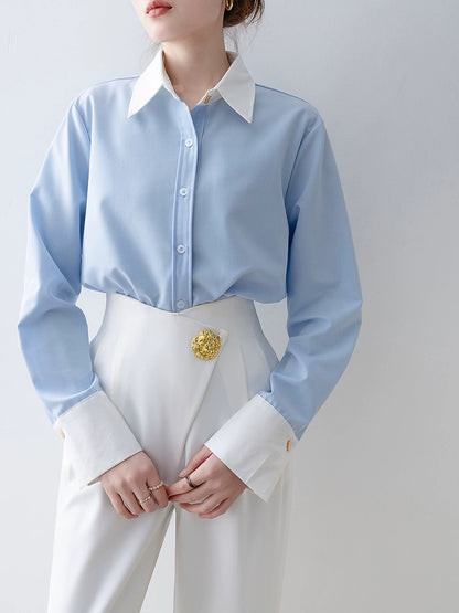 2024 spring women's polo collar satin shirt early spring new top French design niche long-sleeved shirt