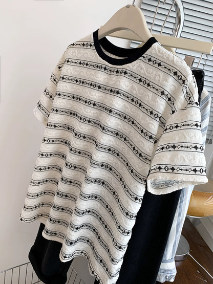 Contrast striped right shoulder short-sleeved T-shirt for women summer loose half-sleeved design European large version 2024 new top
