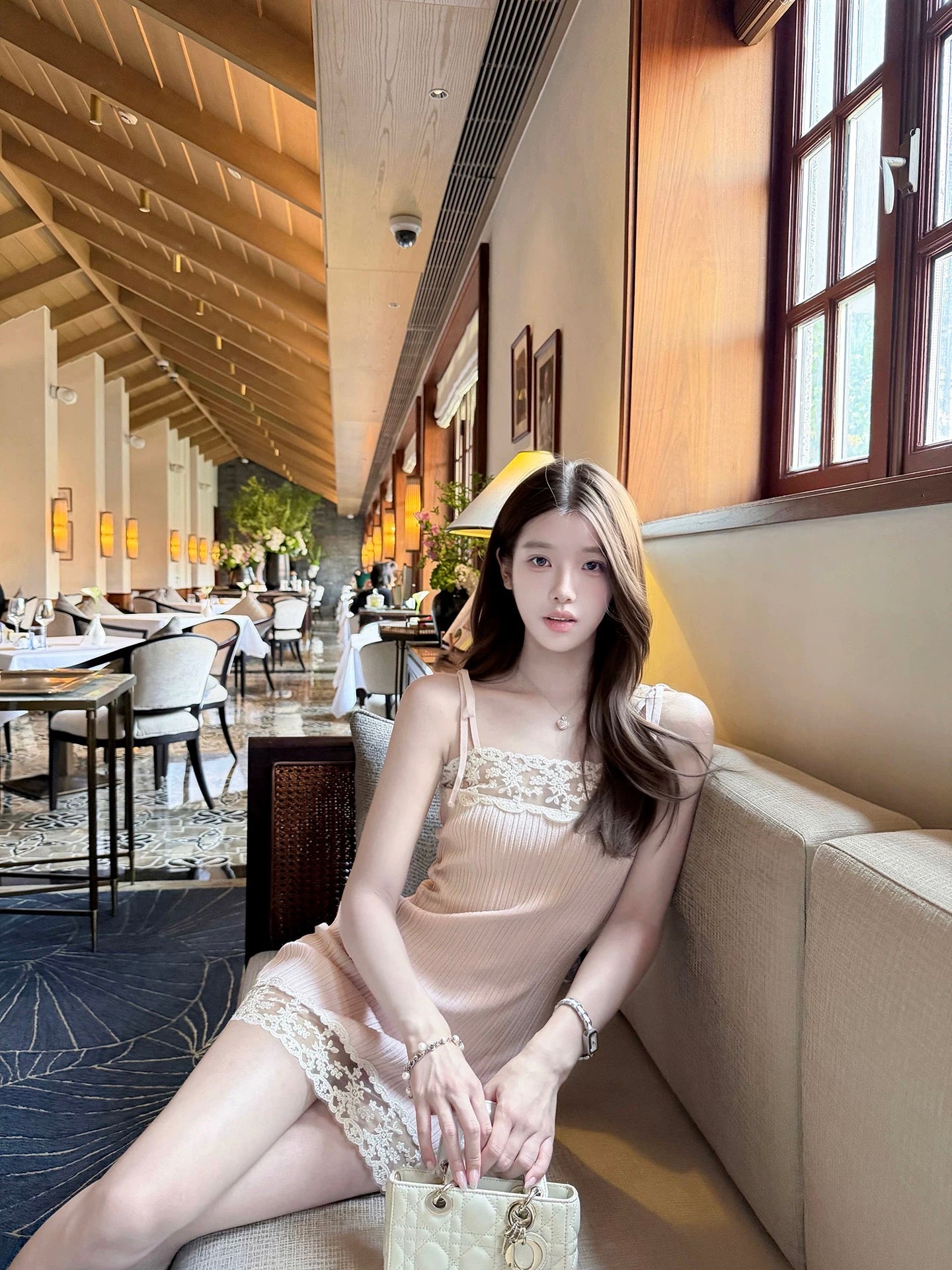 Ruoyu Custom: "Pink Cherry Blossom Midsummer" — French-style lace-trim camisole dress; a sophisticated, form-fitting style that balances innocent charm with alluring elegance.