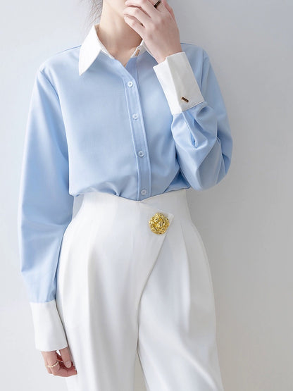 2024 spring women's polo collar satin shirt early spring new top French design niche long-sleeved shirt