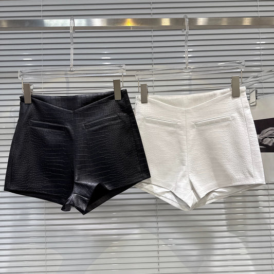 Popular 2025 Autumn New Street Style Hot Girl V-Shaped Waistband Pocket Crocodile Texture PU Leather Pants/Shorts