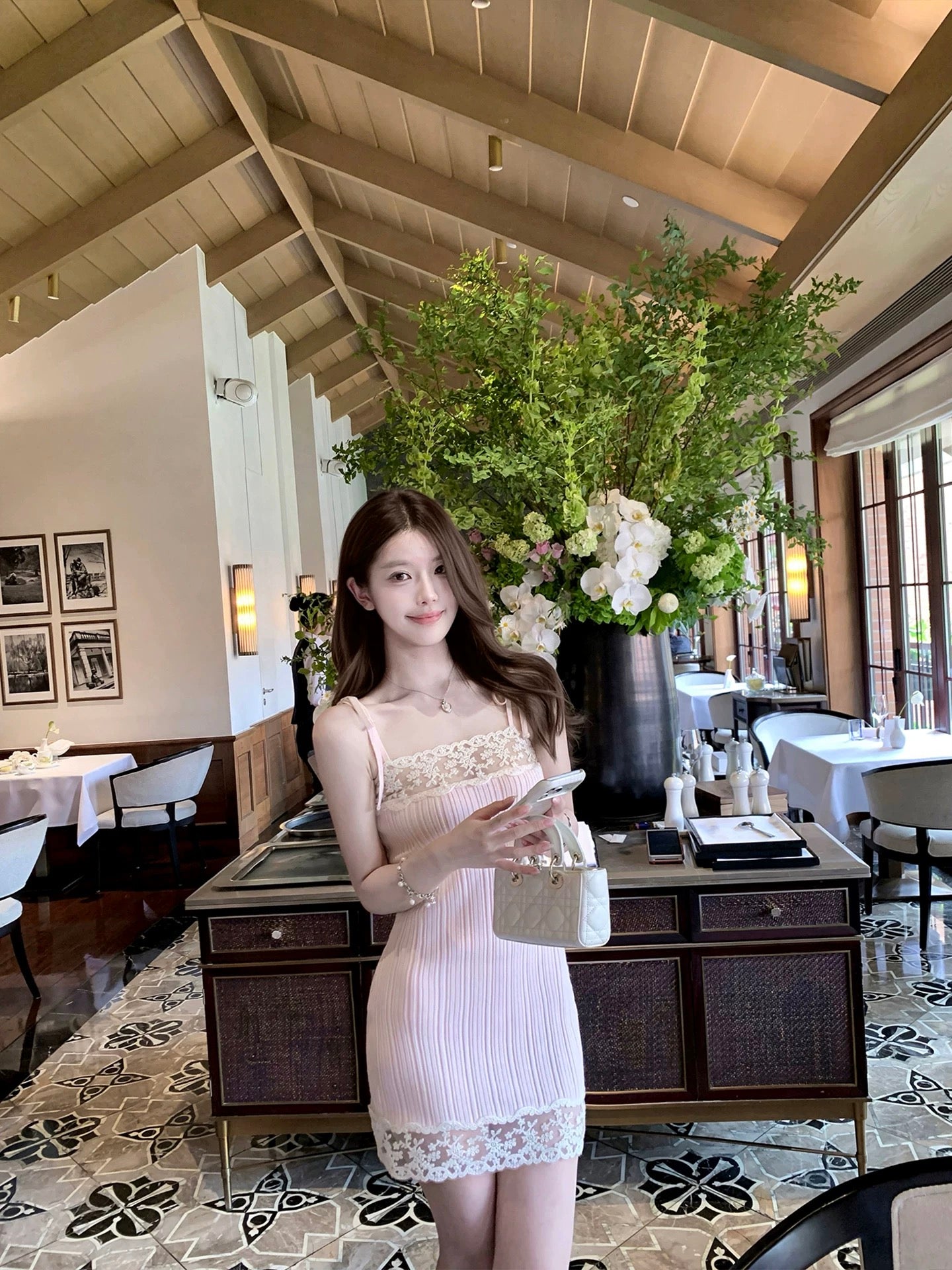 Ruoyu Custom: "Pink Cherry Blossom Midsummer" — French-style lace-trim camisole dress; a sophisticated, form-fitting style that balances innocent charm with alluring elegance.