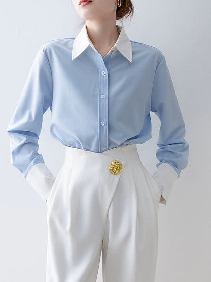 2024 spring women's polo collar satin shirt early spring new top French design niche long-sleeved shirt